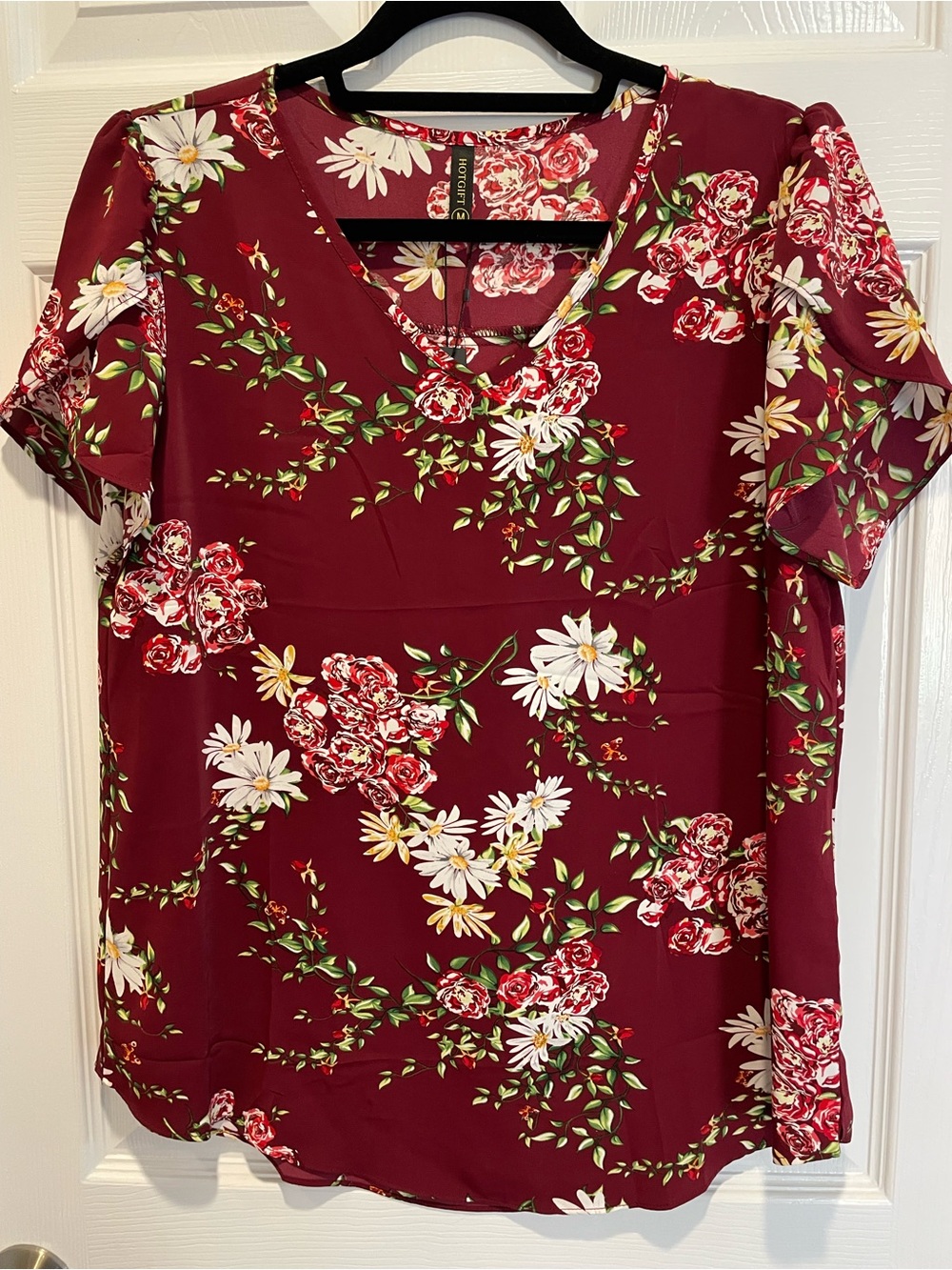 Women's Burgundy Floral V-Neck Blouse